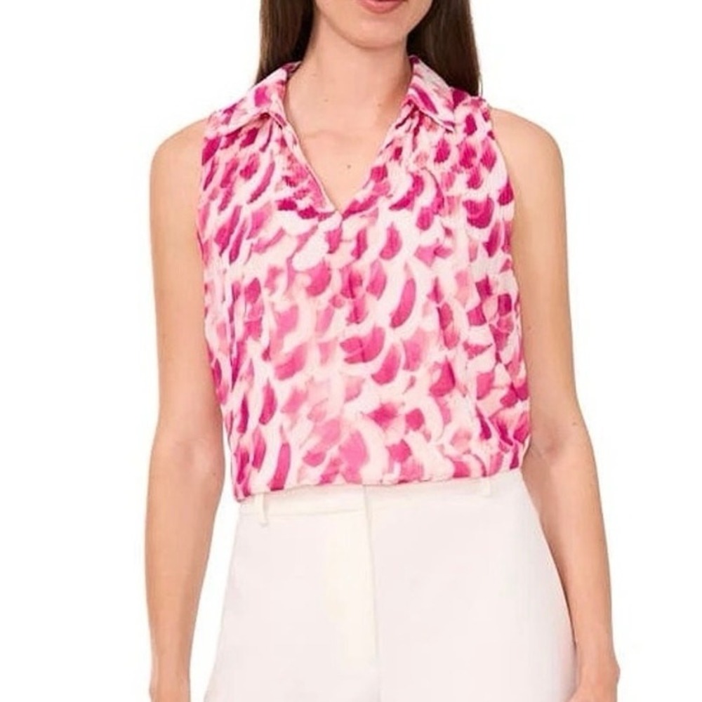 New HALOGEN Micro Pleated Chiffon Sleeveless Top White/Vivid Plum Purple Sz‎ S